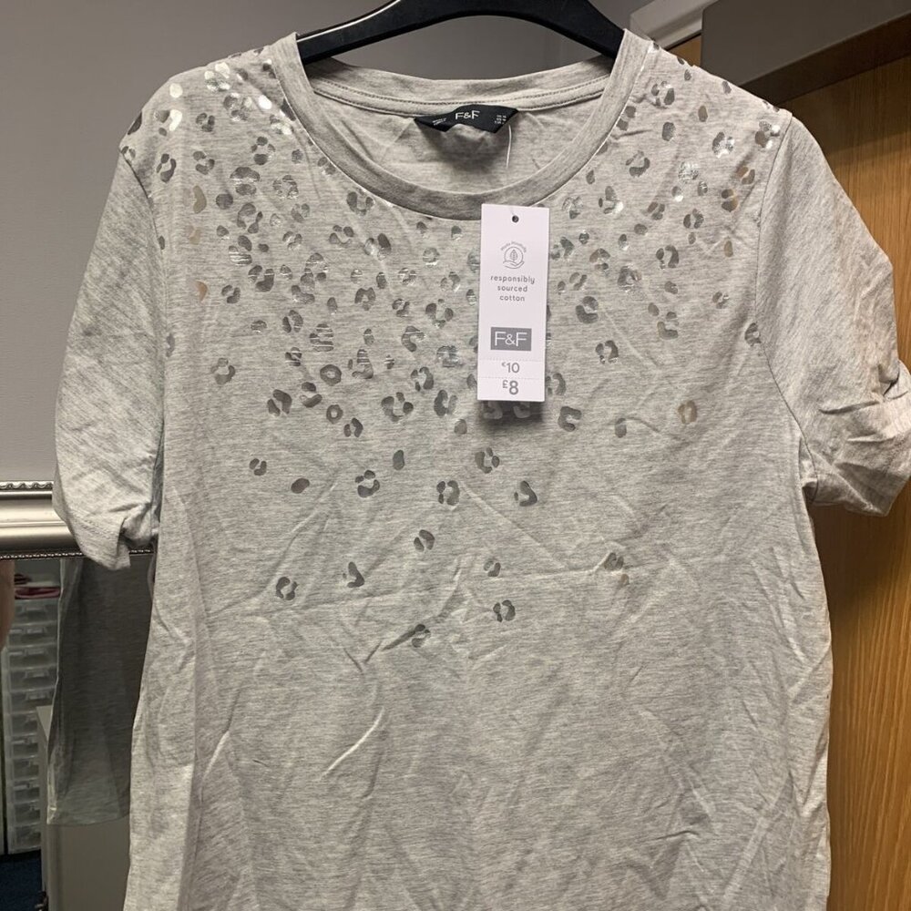 F&F Tesco Grey T Shirt With Silver Animal Print Pattern